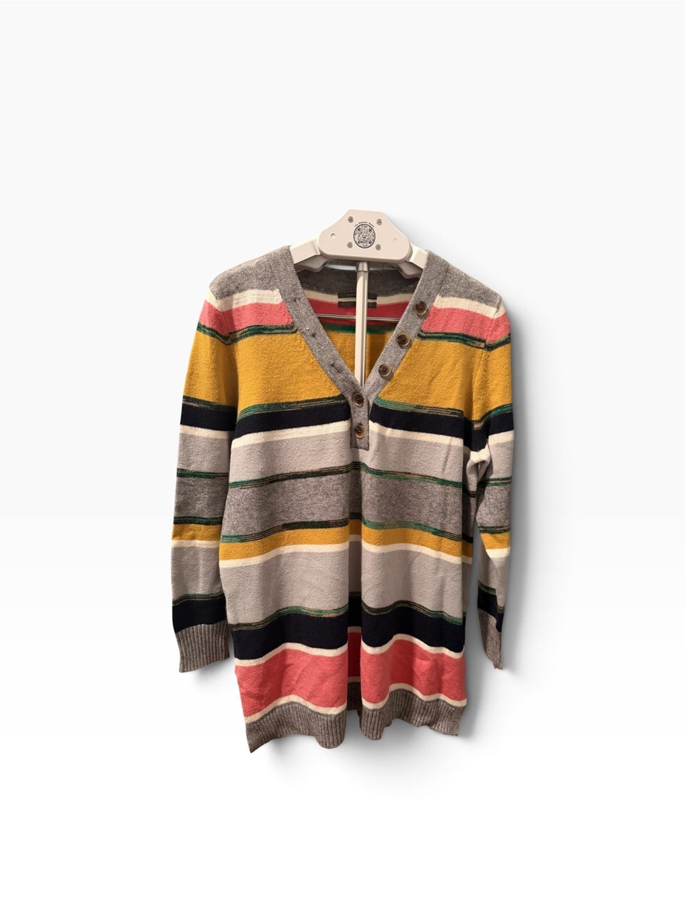 Anthropologie Serena Multi-Color Striped V-Neck Henley Tunic Sweater- Size Lg